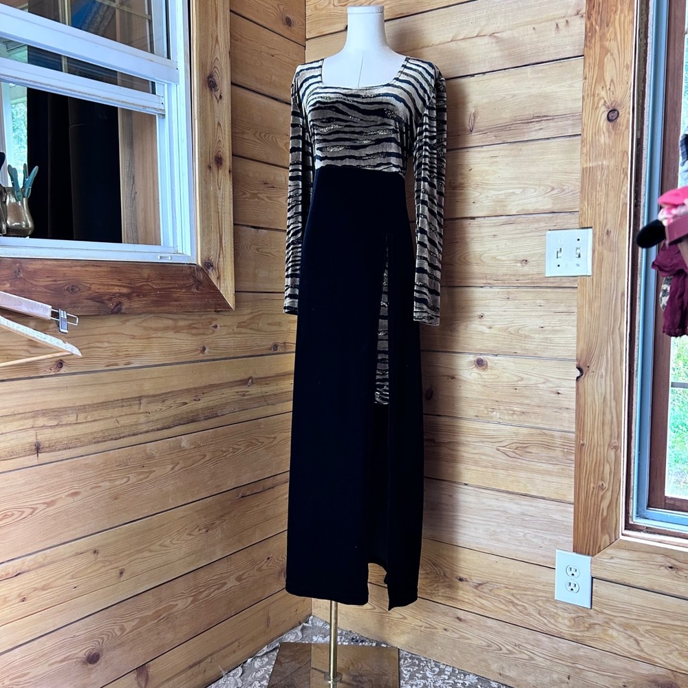Vintage Velvet Maxi Dress Women Large Black Zebra Gold Glitter Slit 90s Goth MCM